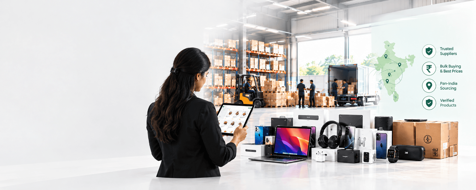 Business buyer browsing bulk electronics stock in a warehouse