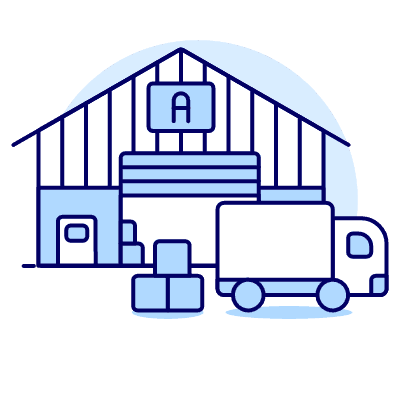 Illustration of the SundayMalls warehouse with delivery trucks